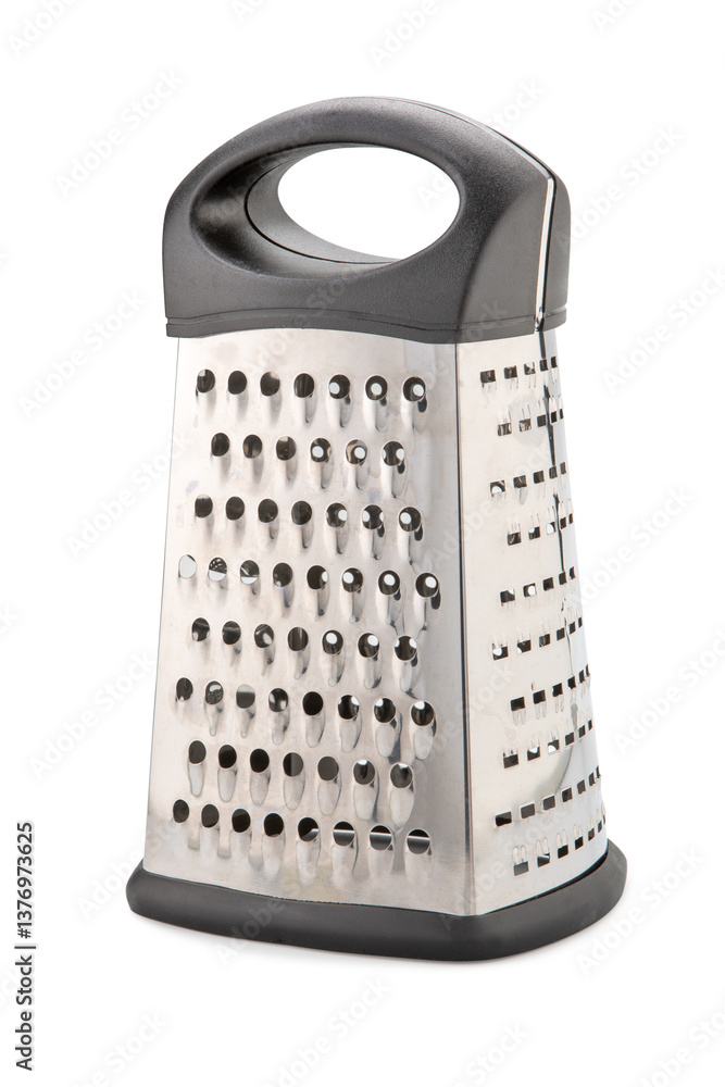 A silver and black food grater with a black handle