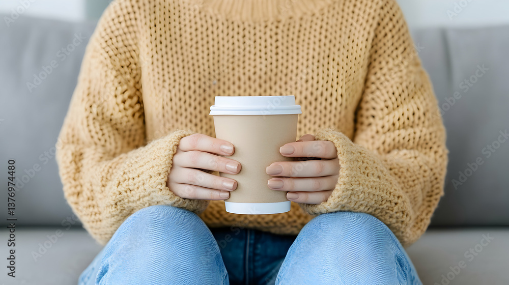 Woman in cozy sweater holds coffee cup on sofa AI generative Woman in cozy sweater holds coffee cup on sofa AI generative