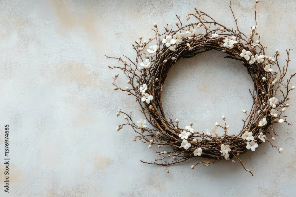 Fototapeta premium Natural Twig Wreath with Delicate White Flowers on Textured Background