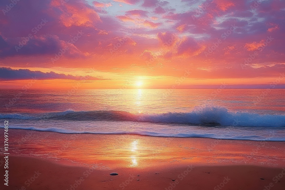 Fototapeta premium Sunset Beach Serenity with Calm Waves Reflection