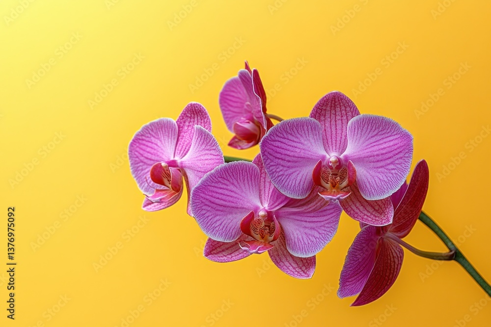 Obraz premium Magenta Orchid Flower in Front of Yellow Background Spring Botanical Photography