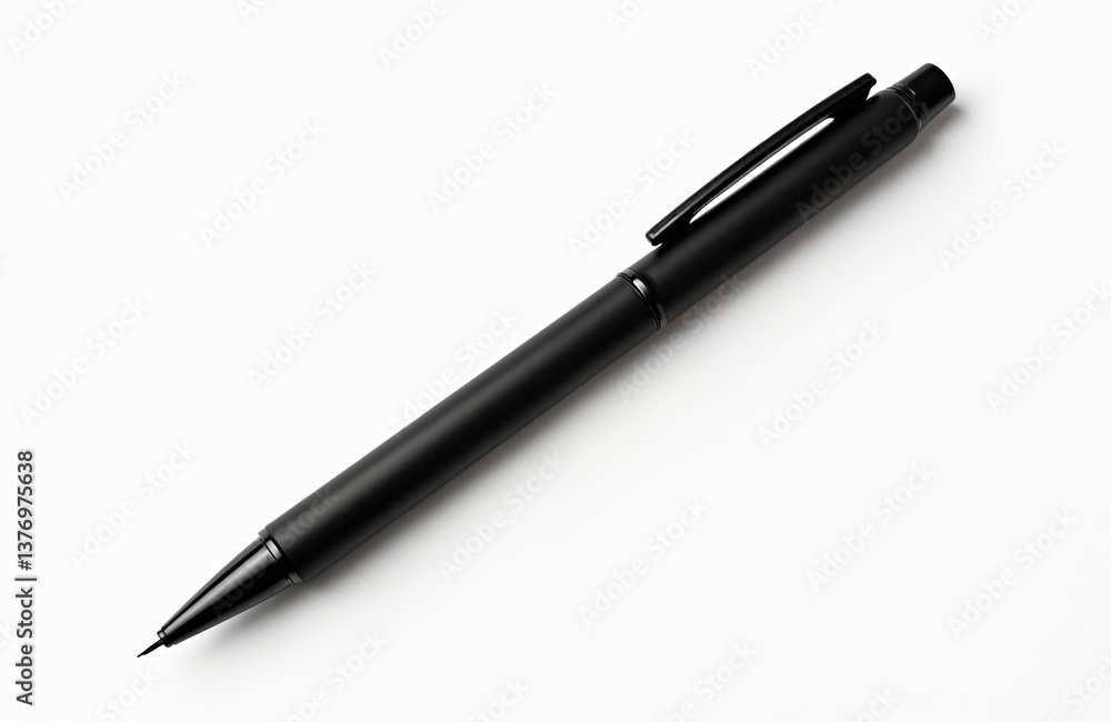 Close-up photo of black pen isolated on white. Ballpoint writing tool, elegant design. Stationery item for business office supplies. Conceptual shot, clear shadow, clipping path for easy use. Close-up photo of black pen isolated on white. Ballpoint writing tool, elegant design. Stationery item for business office supplies. Conceptual shot, clear shadow, clipping path for easy use.