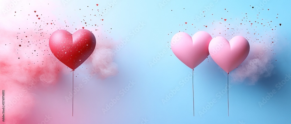 Two heart-shaped balloons, one red, one pink pair, float amidst pastel-colored smoke and confetti Two heart-shaped balloons, one red, one pink pair, float amidst pastel-colored smoke and confetti
