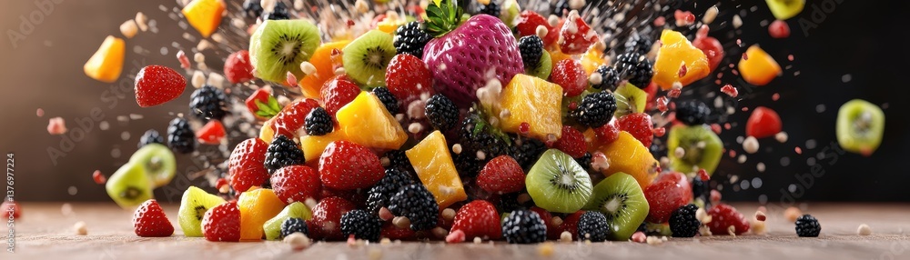 A vibrant mix of fresh strawberries, raspberries, blackberries, kiwi, pine, and mango captured mid-air in a colorful splash of juicy fruits A vibrant mix of fresh strawberries, raspberries, blackberries, kiwi, pine, and mango captured mid-air in a colorful splash of juicy fruits