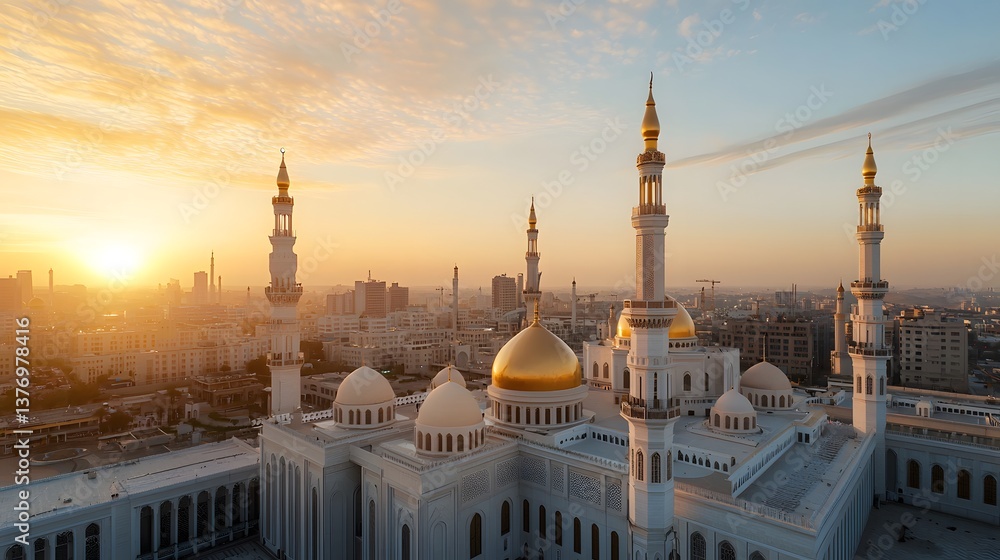 Obraz premium Majestic gujaba mosque aerial view at sunrise in urban landscape