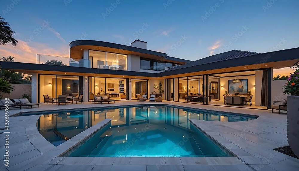 Obraz premium Serene twilight view of a contemporary villa with a shimmering pool