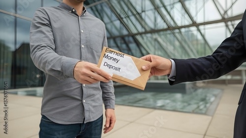 Earnest Money Deposit: Man handing over envelope to another person. Transaction symbolizing a financial agreement or real estate deal.