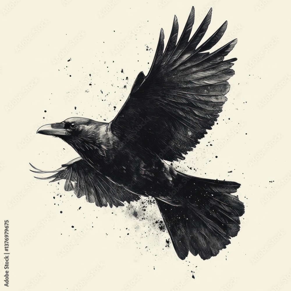 Fototapeta premium Raven Mid-Flight Monochrome Illustration, Minimalist Art, High Contrast, Dynamic Composition, Ink Texture, Black Crow