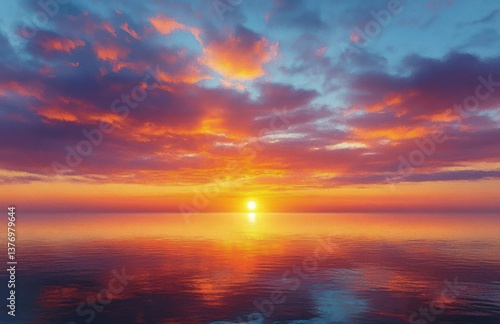Impressionist Sunset Over Calm Waters with Dramatic Clouds and Vibrant Colors