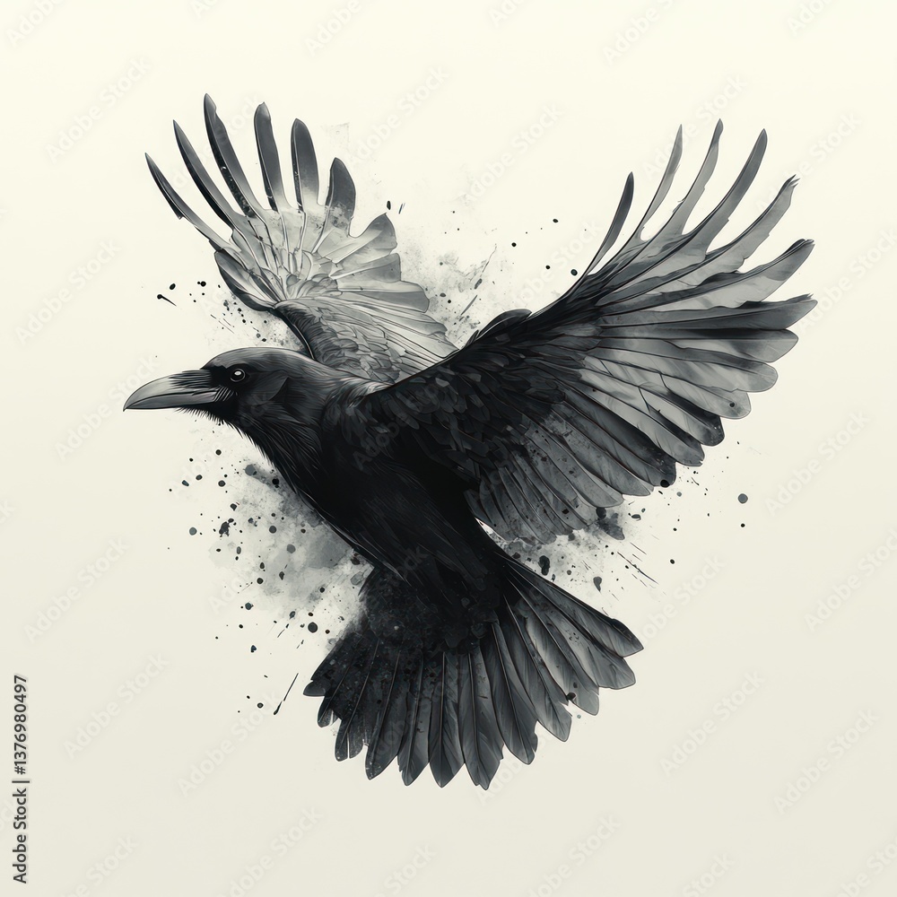 Fototapeta premium Raven Flight Abstract Art Geometric Design Monochrome Ink Drawing