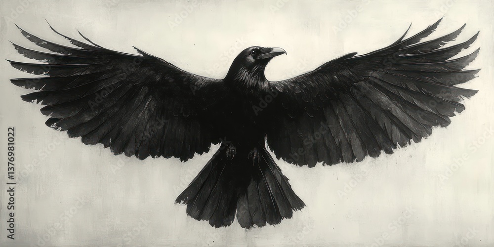 Fototapeta premium Majestic Black Raven Ink Wash Painting Black Bird Monochrome Feather Detail