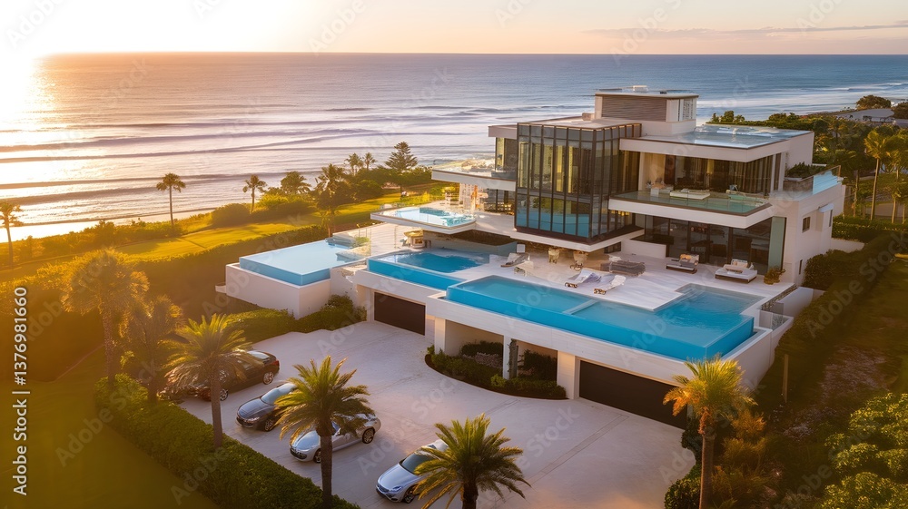 Fototapeta premium Luxury coastal home with multiple pools offering stunning ocean views at sunset.