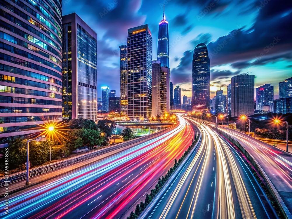 Fototapeta premium Long Exposure City Lights Streaks - Night Urban Scene Photography