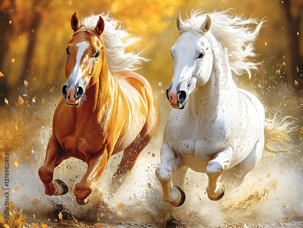 Obraz premium Oil painting of two horses running at full speed, mane blowing in the wind, eyes wide with determination. It represents freedom, power, and courage—ideal for décor or ads conveying independence.
