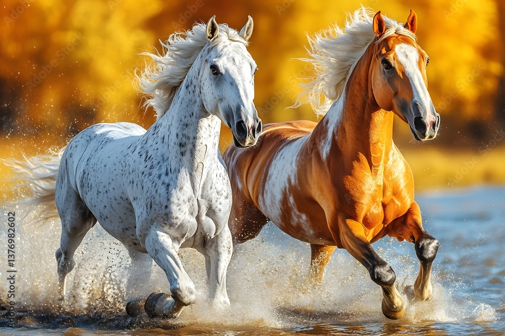 Fototapeta premium Oil painting of two horses running at full speed, mane blowing in the wind, eyes wide with determination. It represents freedom, power, and courage—ideal for décor or ads conveying independence.