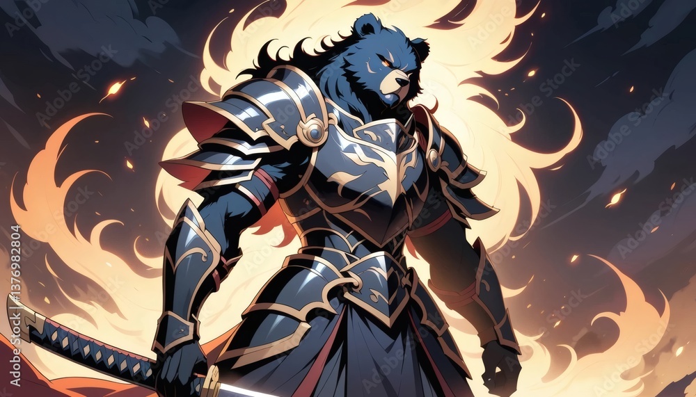 Bear Warrior in Armor with Sword and Fiery Background Bear Warrior in Armor with Sword and Fiery Background