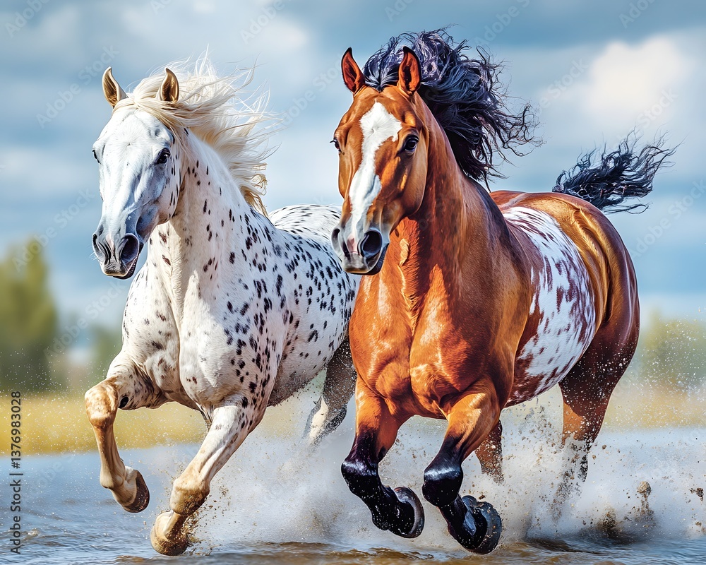 Oil painting of two horses running at full speed, mane blowing in the wind, eyes wide with determination. It represents freedom, power, and courage—ideal for décor or ads conveying independence. Oil painting of two horses running at full speed, mane blowing in the wind, eyes wide with determination. It represents freedom, power, and courage—ideal for décor or ads conveying independence.