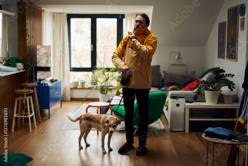 Man goes for a walk with his dog 