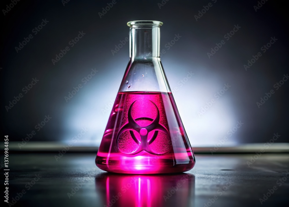 Low Light Erlenmeyer Flask with Pink Liquid & Explosive Hazard Warning Low Light Erlenmeyer Flask with Pink Liquid & Explosive Hazard Warning