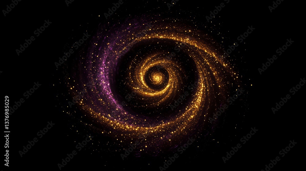 Abstract swirling galaxy with golden and purple particles on black background. Abstract swirling galaxy with golden and purple particles on black background.
