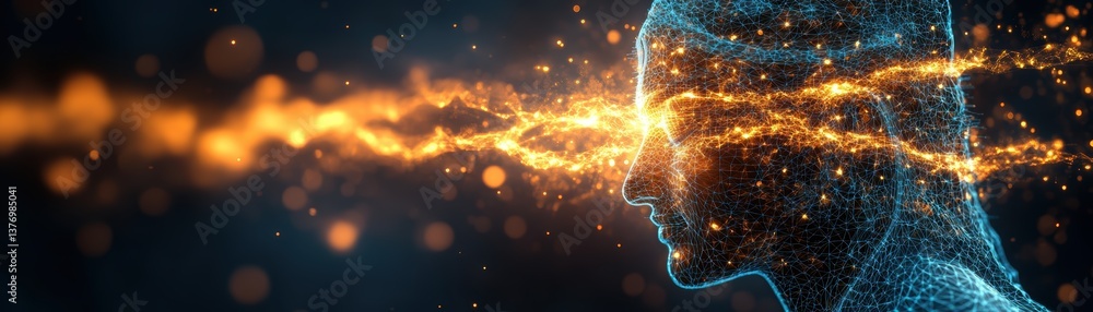 Stylized human head profile with glowing blue particles and fiery orange energy streaks emanating from eyes showcasing the fusion of technology and emotion Stylized human head profile with glowing blue particles and fiery orange energy streaks emanating from eyes showcasing the fusion of technology and emotion