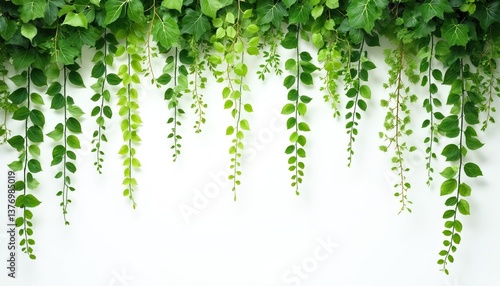 Green leafy vines hanging down white background. Fresh leaves create natural pattern. Rich plants decorates wall, forming design element. Perfect for eco-friendly, organic concepts, interior design,