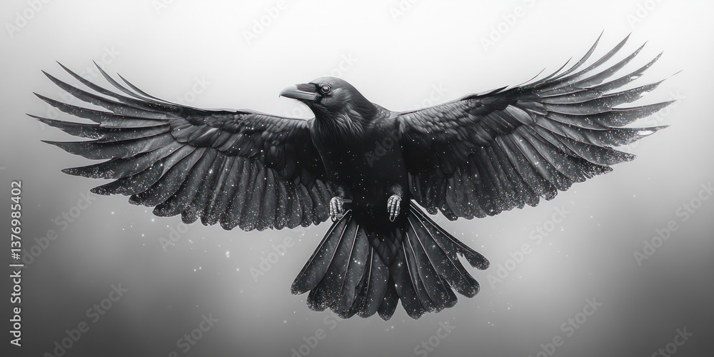 Naklejka premium black raven bird in flight graphic illustration on white background