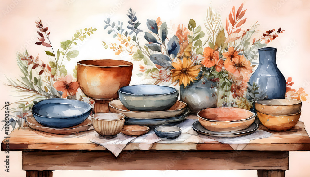 A watercolor painting of various bowls and a plate arranged on a wooden surface, surrounded by floral elements A watercolor painting of various bowls and a plate arranged on a wooden surface, surrounded by floral elements