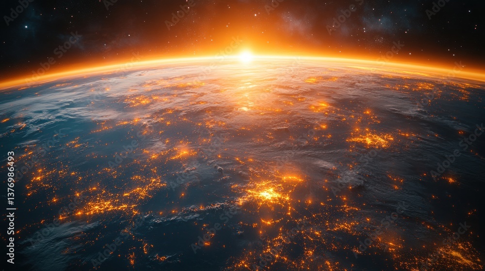 Fototapeta premium Global Communication Network Concept Earth Glowing City Lights 3D Rendering