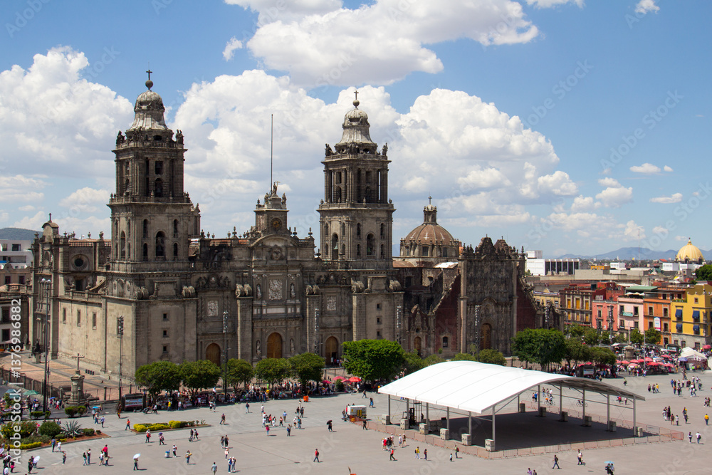 View of the Zocalo and the Metropolitan Cathedral of the Assumption of Mary in Mexico City