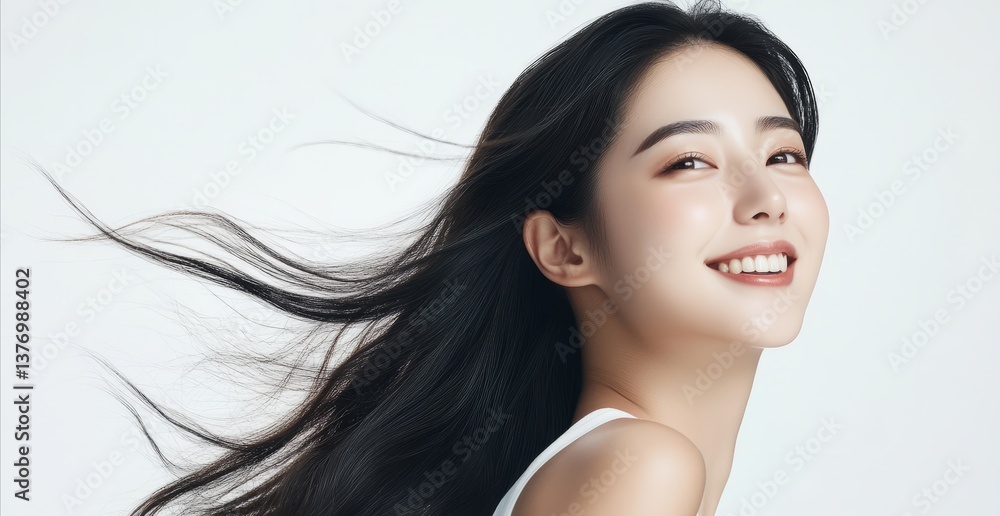 A portrait of a smiling Asian woman with long, dark hair blowing in the wind against a light background. Focus on beauty and hair care. A portrait of a smiling Asian woman with long, dark hair blowing in the wind against a light background. Focus on beauty and hair care.
