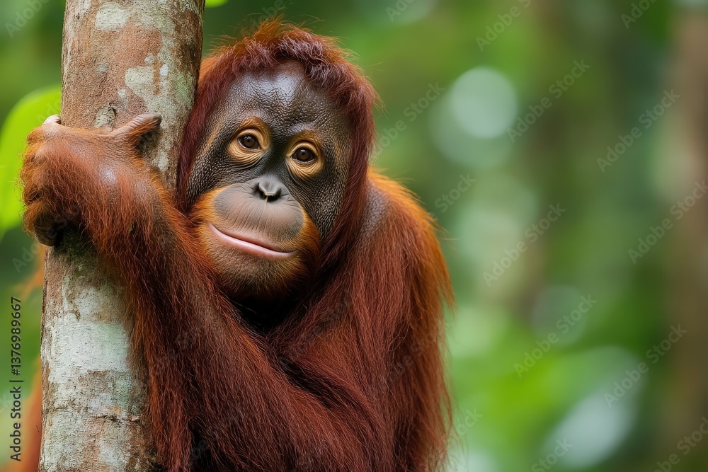 A young orangutan clings to a tree, showcasing its expressive face and vibrant fur against a lush green background. A young orangutan clings to a tree, showcasing its expressive face and vibrant fur against a lush green background.