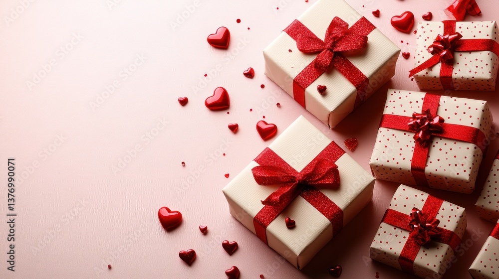 Valentine's Day gifts cream boxes with red bows and hearts Valentine's Day gifts cream boxes with red bows and hearts