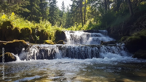 Cascading beauty, natural waterfall flowing through verdant forest scenery