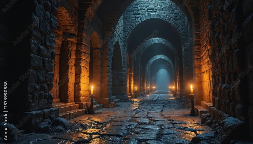 Long medieval castle corridor with arches lit by candles, evokes mystery. Dark dungeon tunnel interior, stone walls, fantasy background, endless ancient catacombs. Mystical, scary, horror concept.