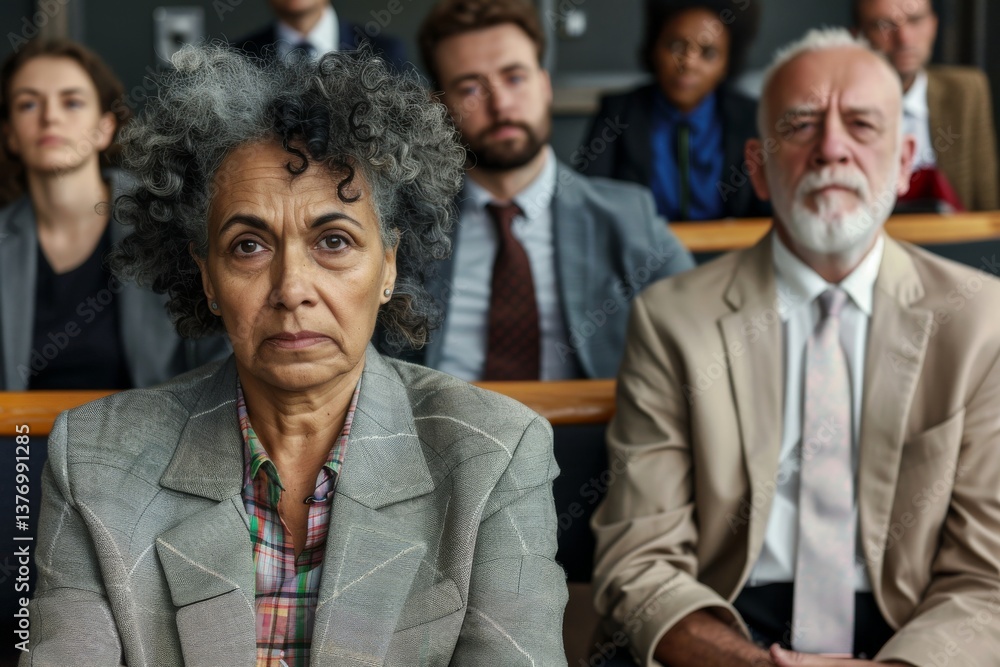 Group of diverse business people sitting in a row and looking at camera Group of diverse business people sitting in a row and looking at camera