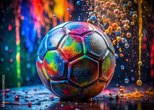 Obraz na płótnie Macro Graffiti Soccer Ball - Close-up Texture and Paint Detail w salonie