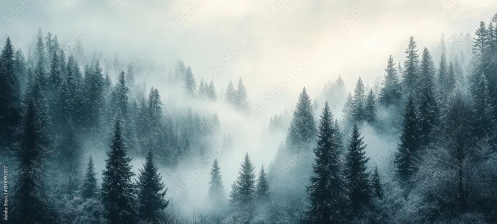Misty Pine Forest Snowy Mountain Landscape with Fog and Tranquil Atmosphere Misty Pine Forest Snowy Mountain Landscape with Fog and Tranquil Atmosphere