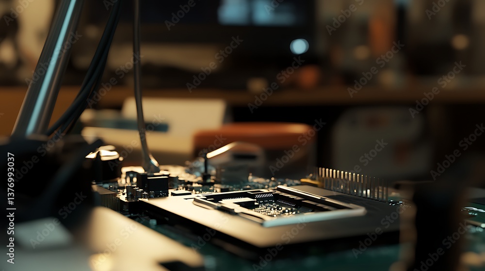 Close-up shot of a circuit board with intricate electronic components and wires in a tech workspace setting Close-up shot of a circuit board with intricate electronic components and wires in a tech workspace setting