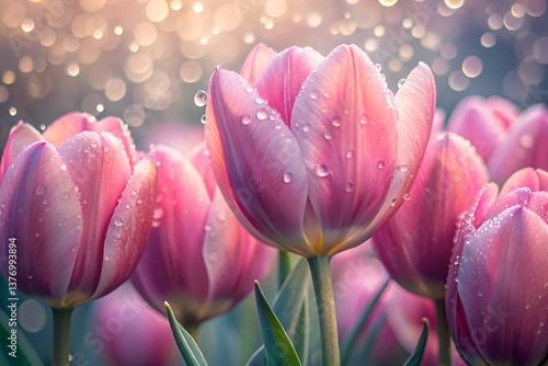 Pink Tulips with Water Droplets - Floral Close-Up with Bokeh