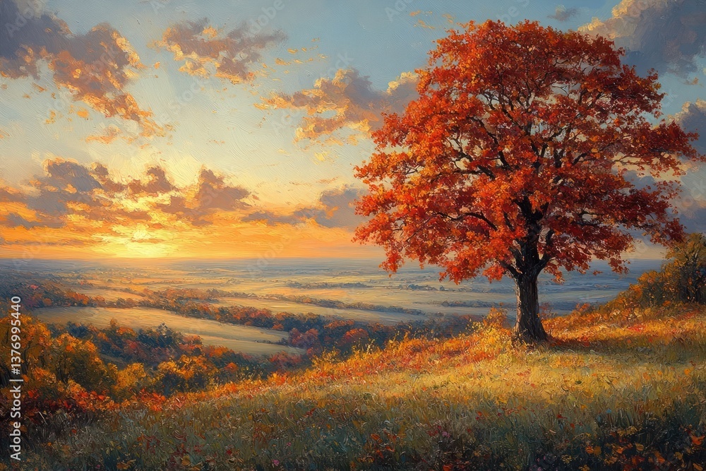 Autumn Landscape with Vibrant Tree and Rolling Valley Autumn Landscape with Vibrant Tree and Rolling Valley