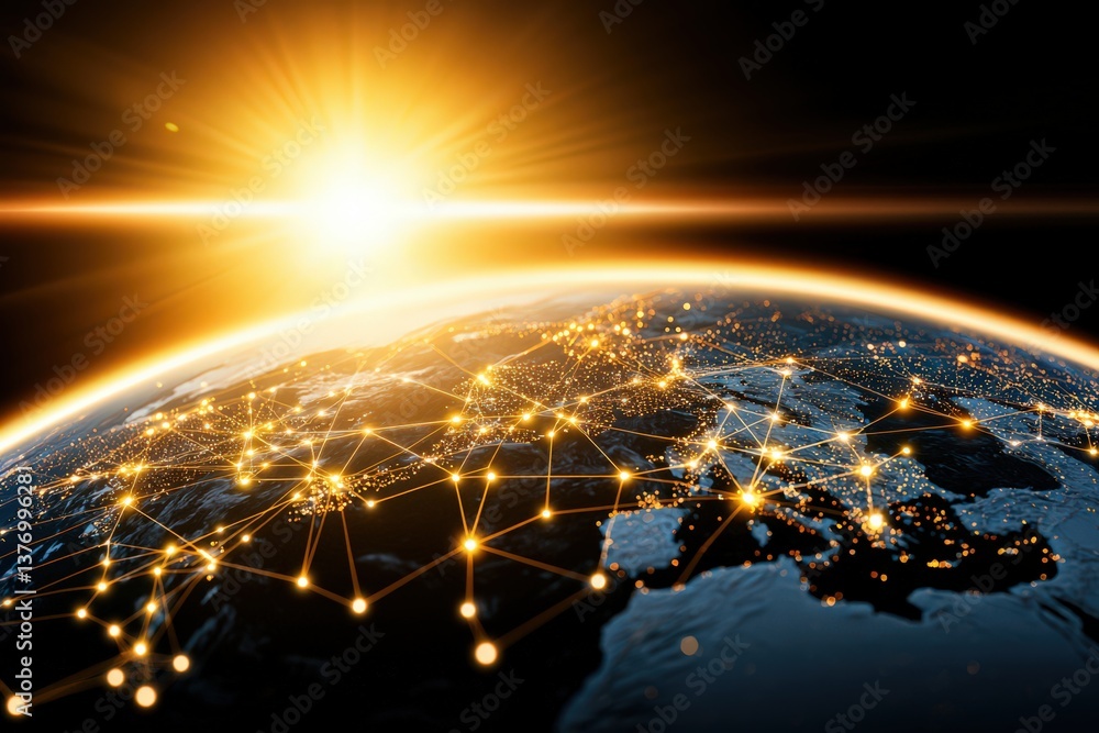 A stunning view of Earth from space, showcasing illuminated cities connected by networks, with a radiant sunrise on the horizon. A stunning view of Earth from space, showcasing illuminated cities connected by networks, with a radiant sunrise on the horizon.