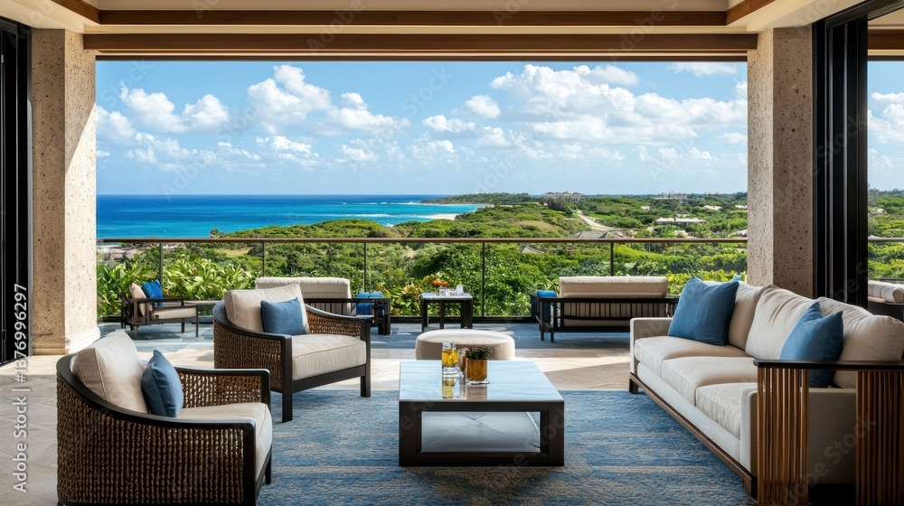 Fototapeta premium Luxurious outdoor patio overlooking ocean view