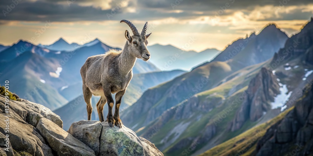 Majestic Gray Goat on Northern Mountain Ridge - Copy Space Majestic Gray Goat on Northern Mountain Ridge - Copy Space
