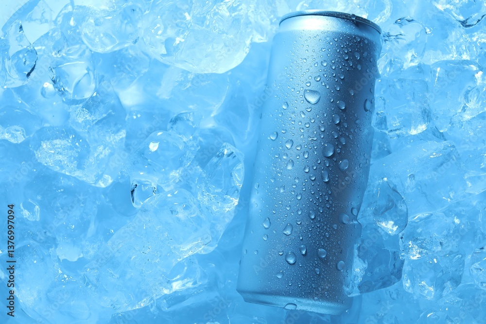 Refreshing drink in can on ice cubes, top view. Toned in blue