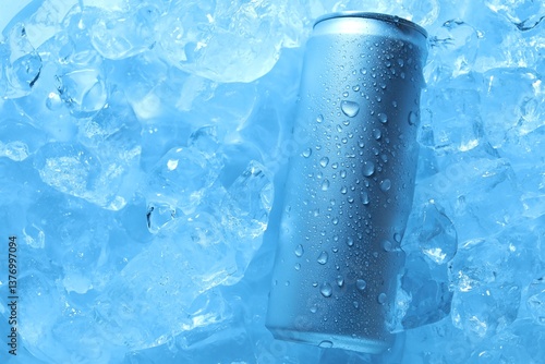 Obraz na płótnie Refreshing drink in can on ice cubes, top view. Toned in blue w salonie