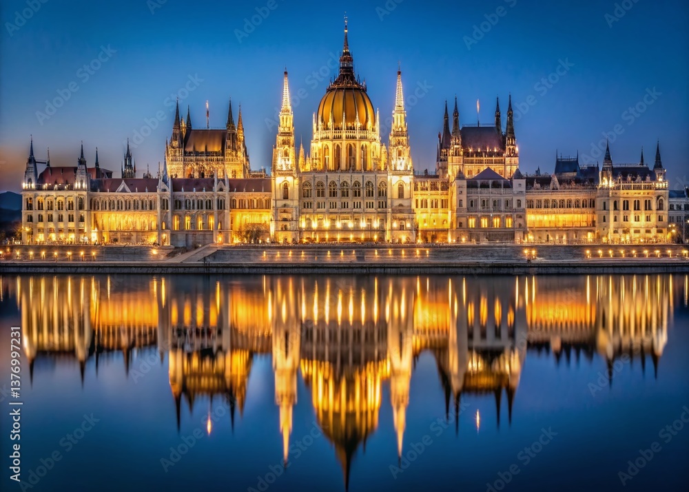 Fototapeta premium Majestic Hungarian Parliament Building Night Reflection, Symmetrical Architecture, Warm Tones