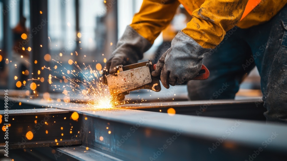 A construction worker cutting metal with a torch at a building site. Featuring technical skill and focus A construction worker cutting metal with a torch at a building site. Featuring technical skill and focus