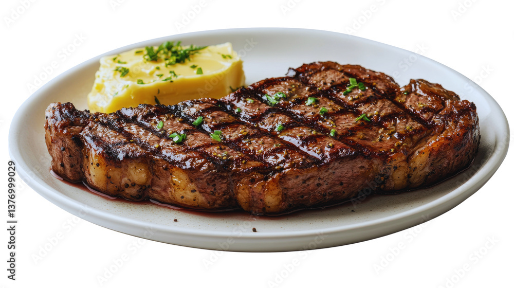 Plate of cooked meat with a side of potato presented on a wooden table. Plate of cooked meat with a side of potato presented on a wooden table.