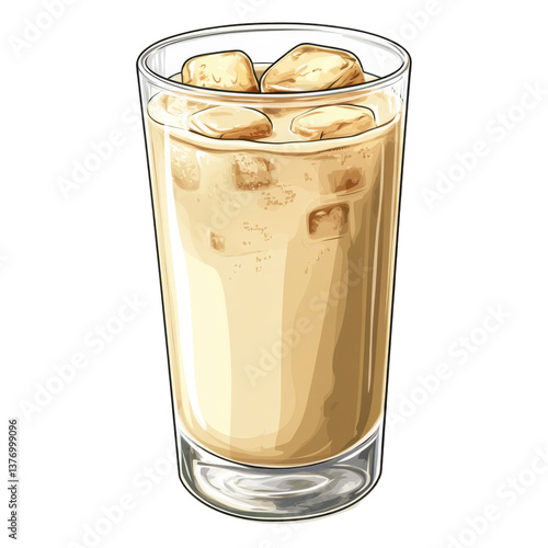 Glass of iced coffee with ice cubes and a scooper on a wooden surface